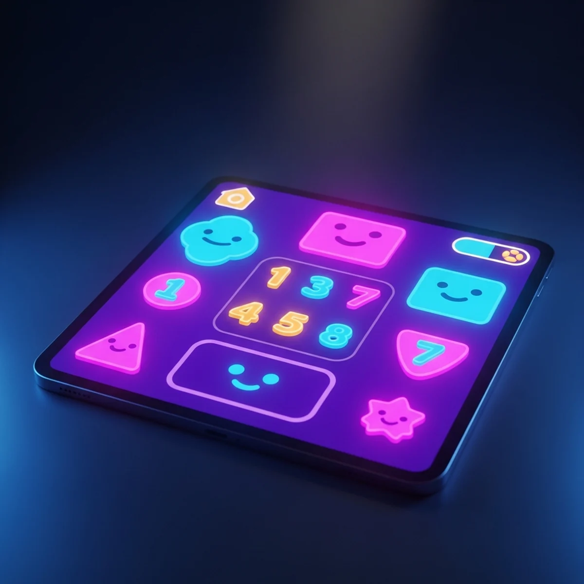 Mesa de trabalho com tablet exibindo um jogo educativo, cadernos e blocos de montar coloridos sob luz suave