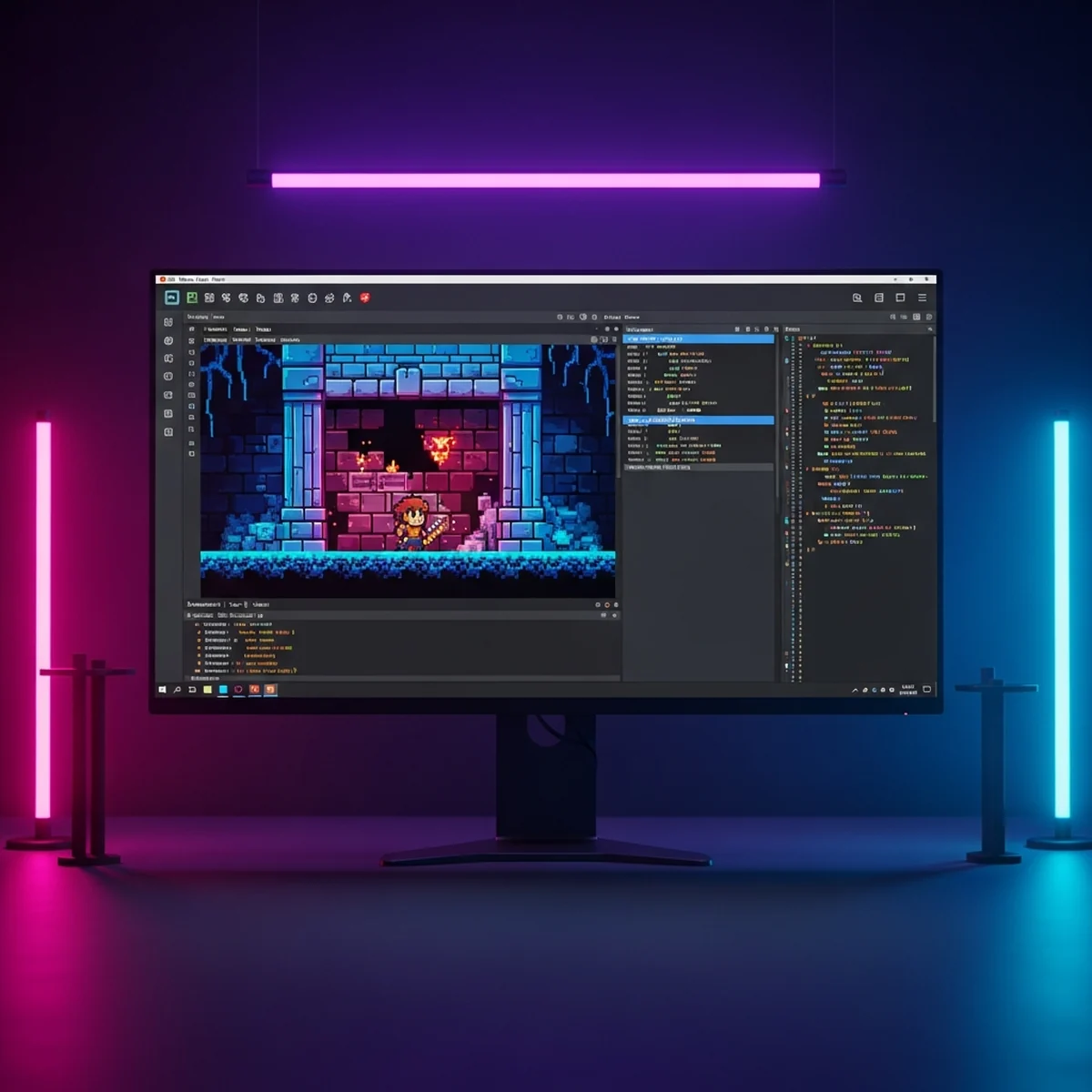 Cena de jogo 2D em estilo pixel art rodando em um editor de engine com painéis de cena e código abertos