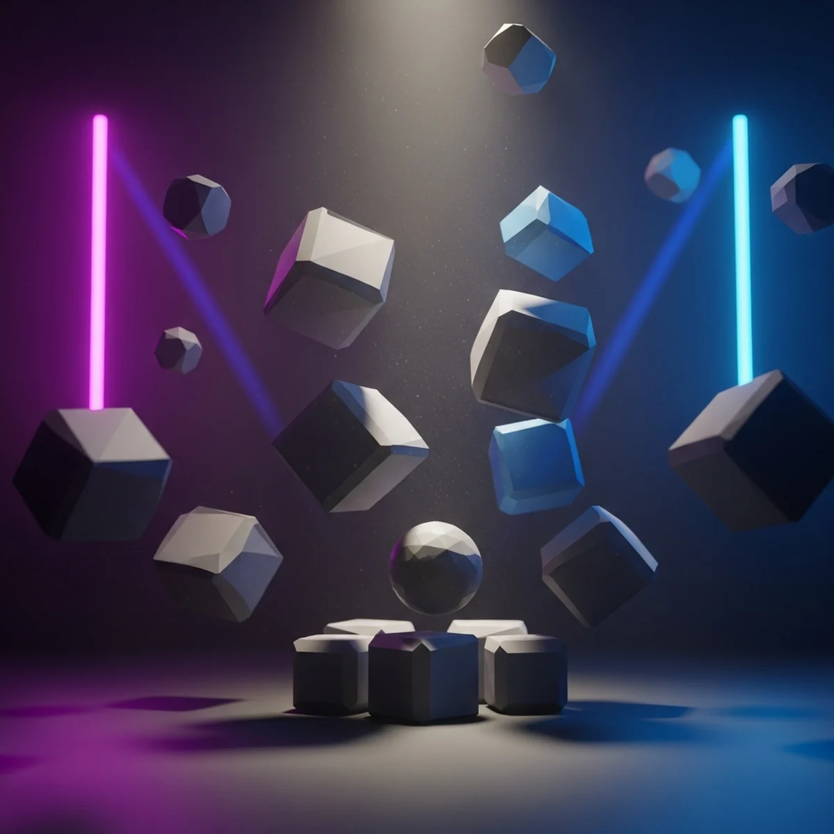 Cena 3D low poly com caixas e uma bola caindo e colidindo, ilustrando simulacao de fisica em um jogo