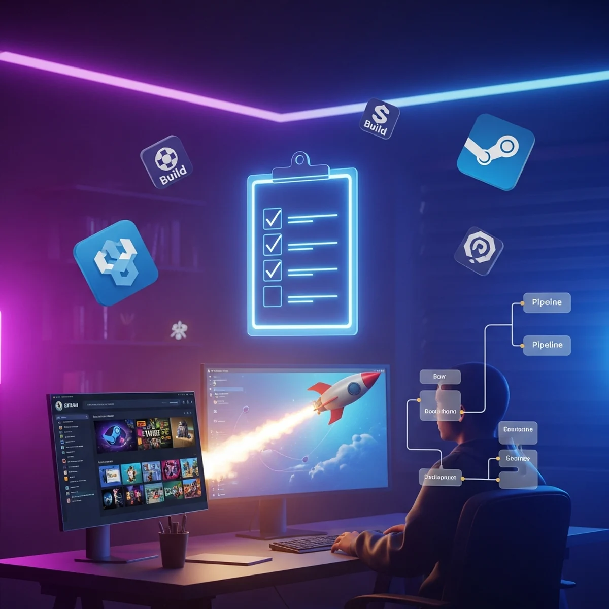 Mesa de controle de lançamento com foguete decolando de um computador, simbolizando o lançamento de um jogo na Steam