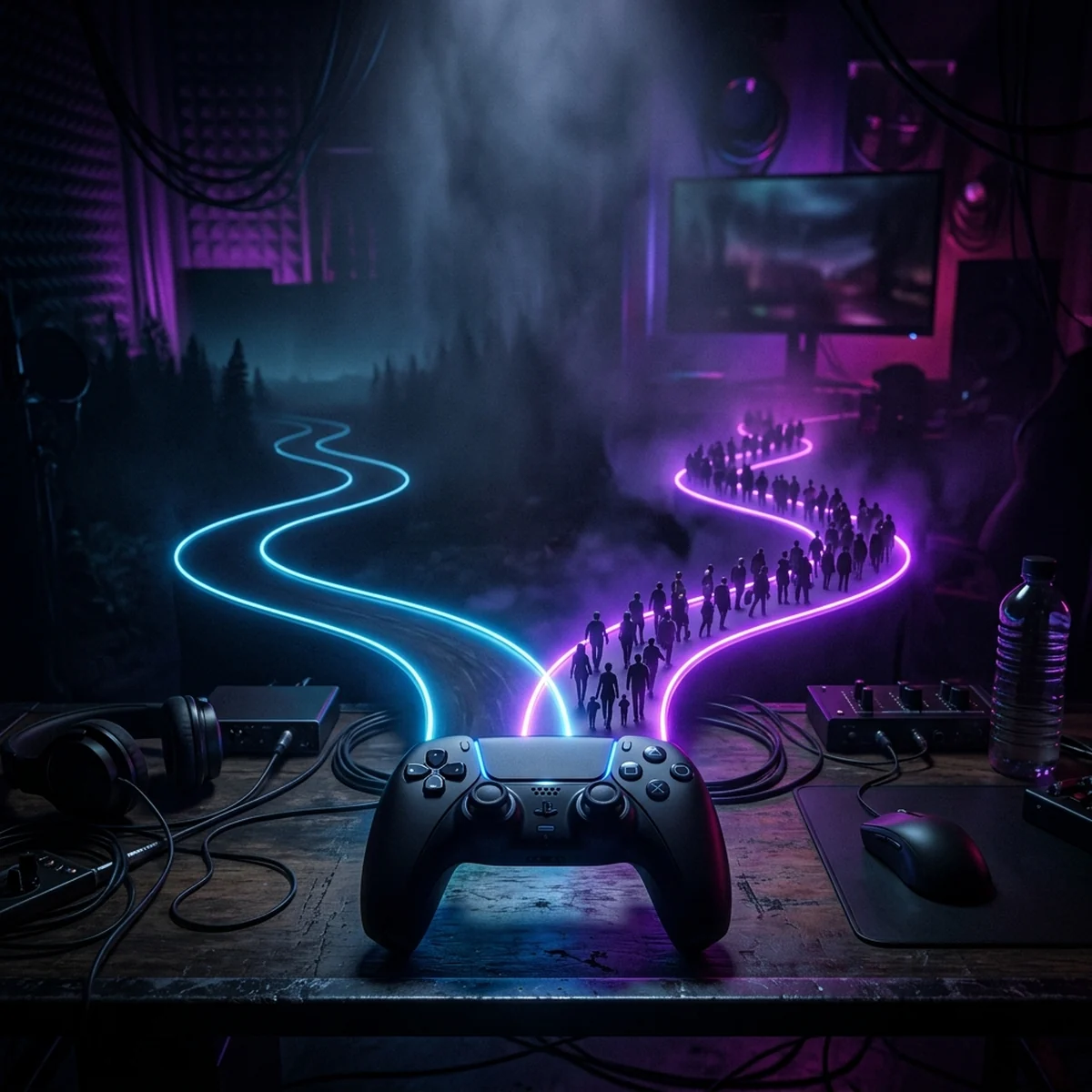 Dois caminhos divergindo diante de um controle de videogame, representando a escolha entre self-publishing e publisher