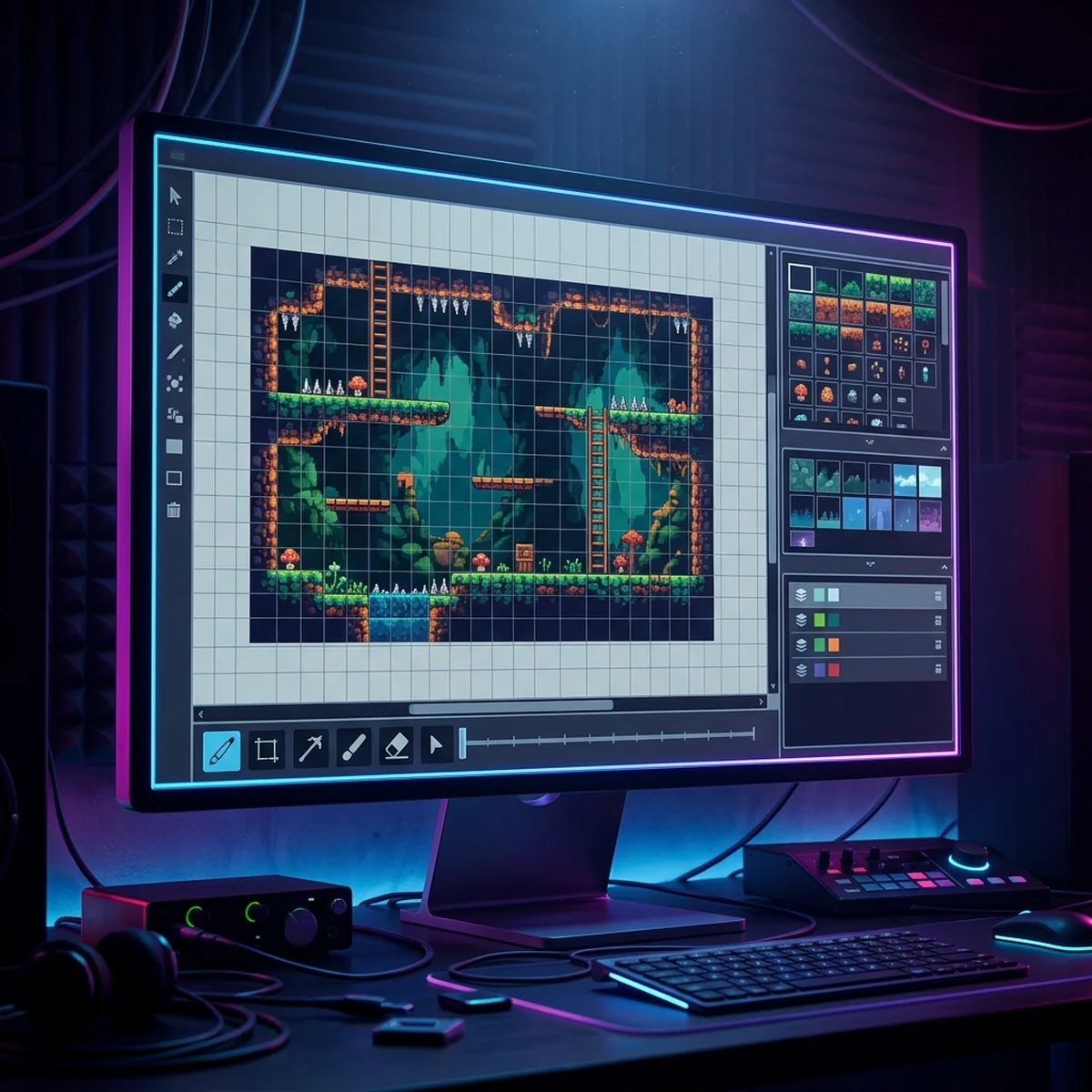 Interface de um editor de níveis 2D com grade de tiles e painel de camadas, mapa de plataforma em pixel art
