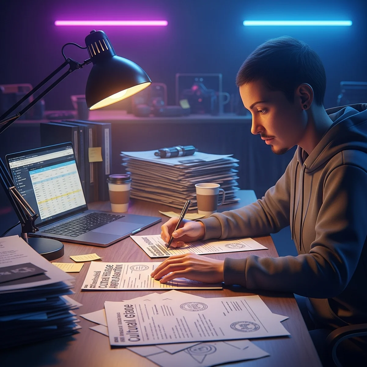 Desenvolvedor indie brasileiro lendo um edital de fomento à cultura na tela enquanto organiza documentos de projeto sobre a mesa