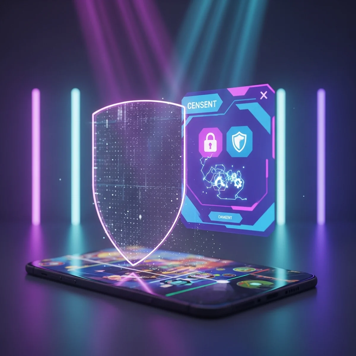 Tela de política de privacidade e consentimento de dados em um jogo