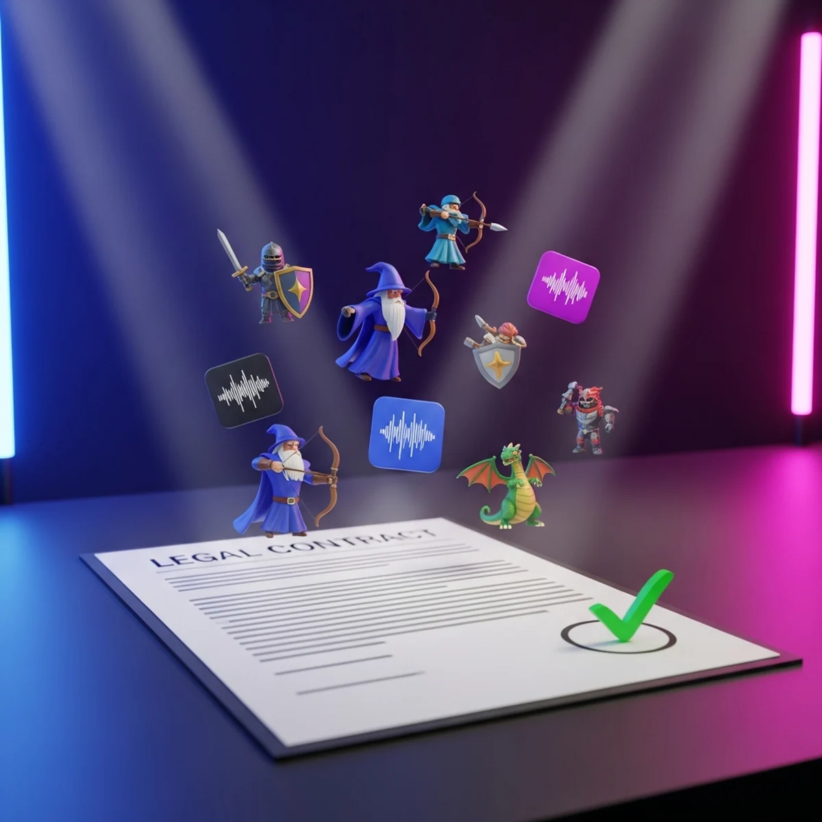 Assets de jogo e um documento de licenca representando uso comercial legal