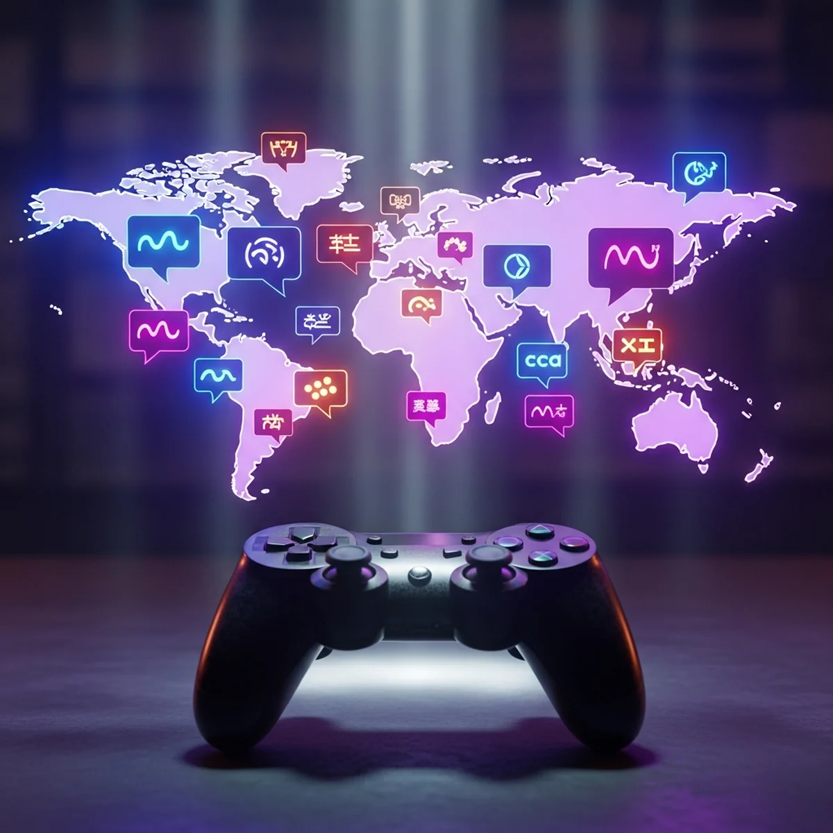 Desenvolvedor indie analisando bandeiras de idiomas e mercados num mapa para decidir a localização do jogo