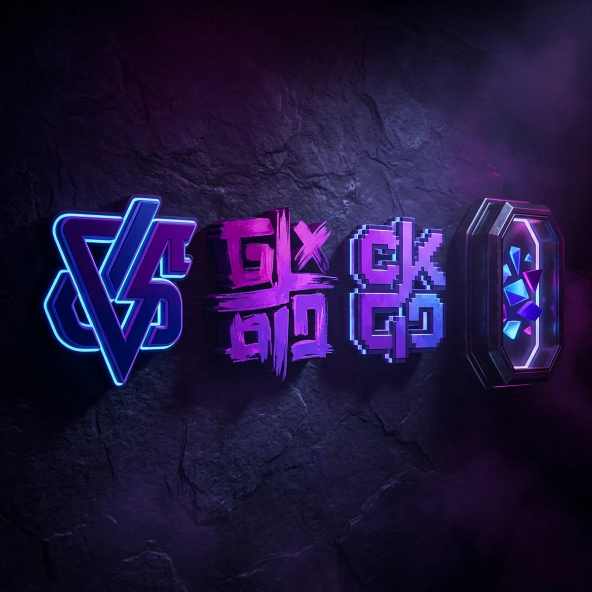 Três versões de logotipo de um jogo indie lado a lado, uma tipográfica, uma desenhada à mão e uma em pixel art, sobre fundo escuro