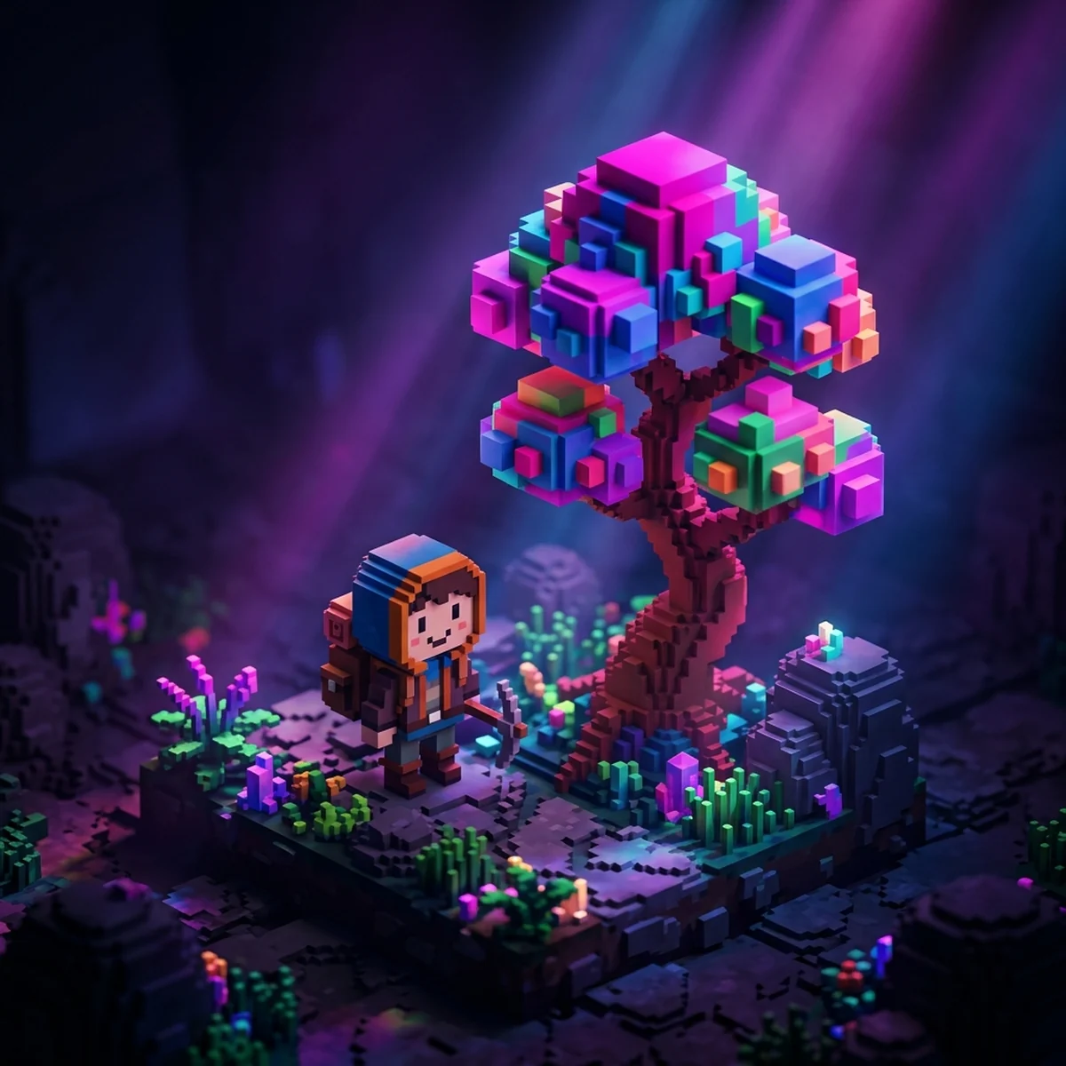 Modelo 3D em estilo voxel de um personagem e uma árvore feitos de cubos coloridos, render de estúdio em vista isométrica