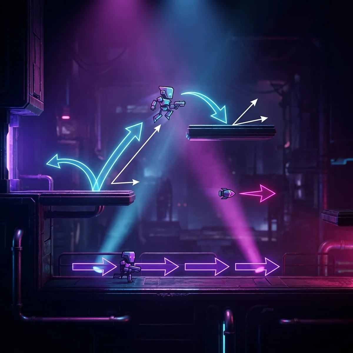 Cena de jogo 2D com setas indicando direcao e velocidade de um personagem se movendo