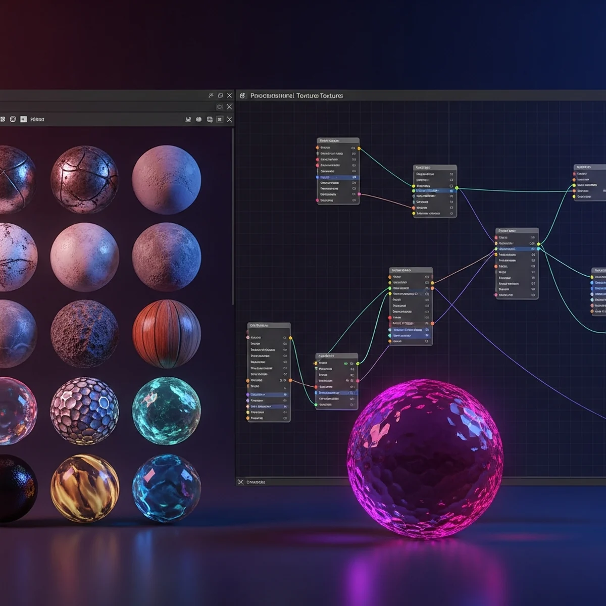Interface do Material Maker 1.7 mostrando um grafo de nodes procedurais e o preview de um material PBR