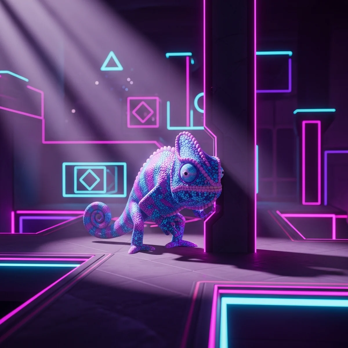 Personagem camaleão se camuflando contra uma parede de pedra em um cenário de jogo multiplayer, quase invisível entre as texturas