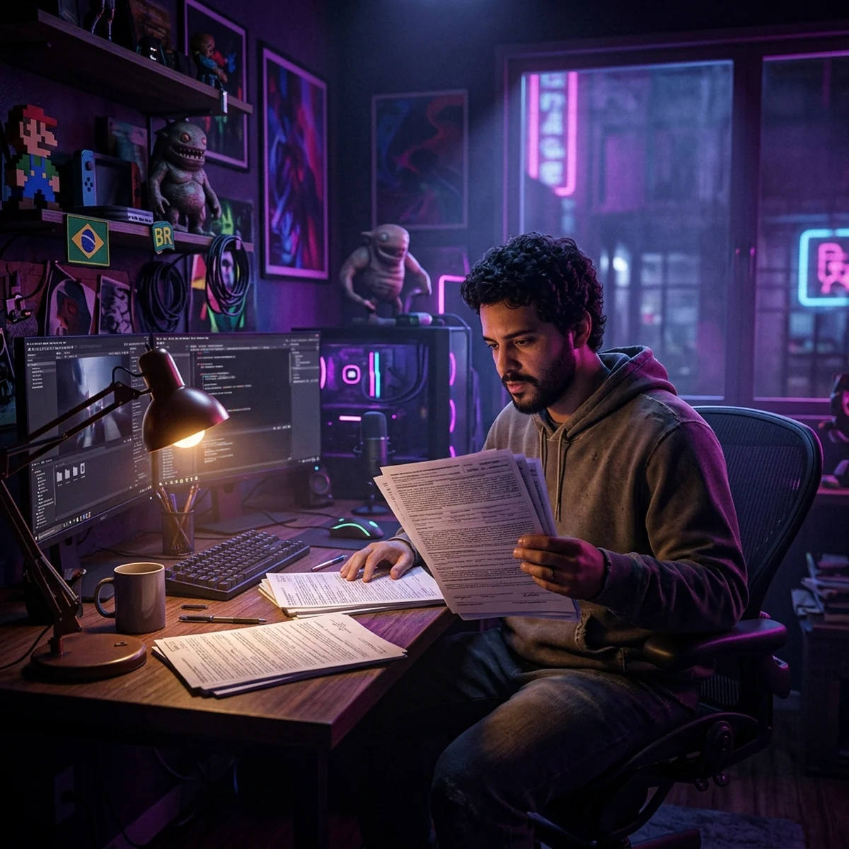 Dev indie analisando documentos de abertura de empresa sobre a mesa