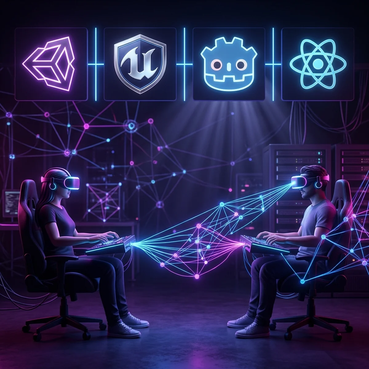 Logos de Godot, Unity, Construct e GDevelop lado a lado com dois jogadores conectados na mesma partida