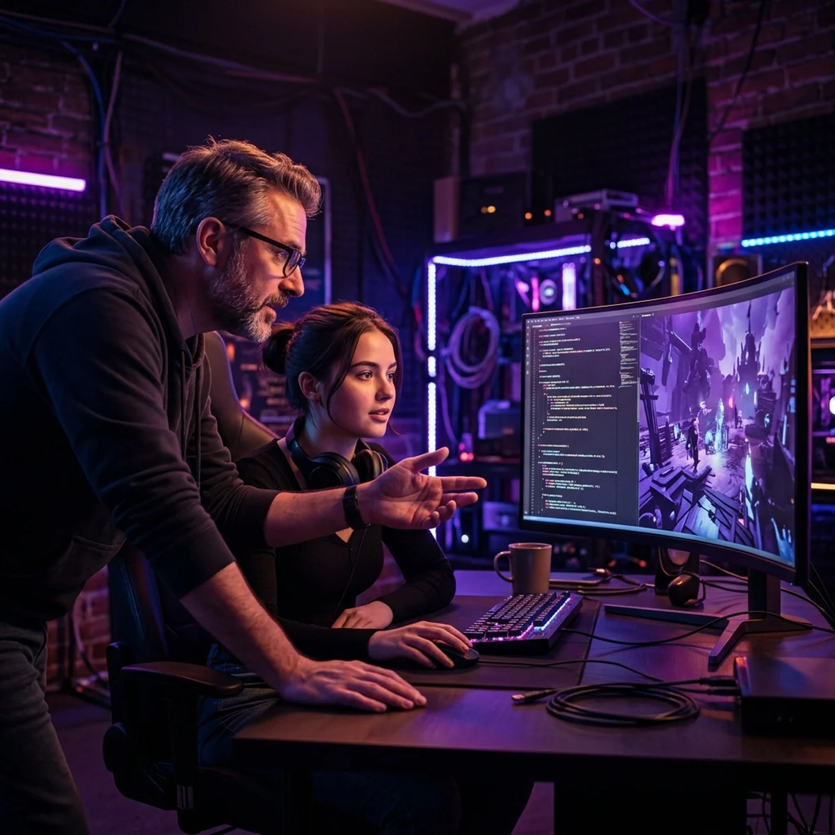 Desenvolvedor experiente orientando um iniciante diante da tela com código e cena de jogo