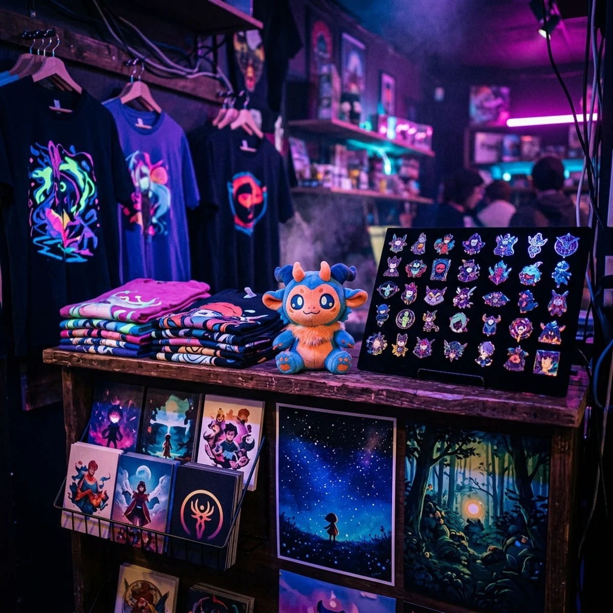 Prateleira com camisetas, pôsteres, pins esmaltados e uma pelúcia de personagem de um jogo indie