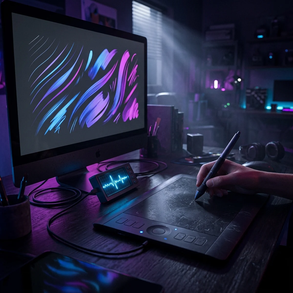 Mesa digitalizadora com caneta ao lado de um monitor mostrando traços que afinam e engrossam