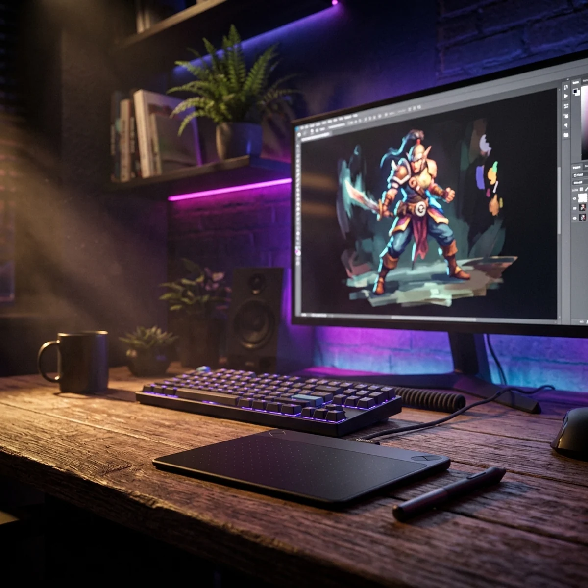 Mesa digitalizadora preta pequena com caneta ao lado de um teclado, monitor ao fundo mostrando um sprite de personagem sendo pintado