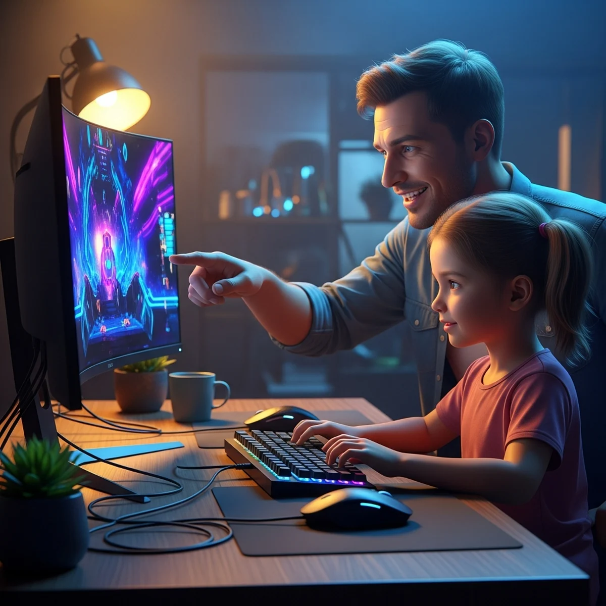 Pai e filho lado a lado no computador criando um jogo colorido juntos