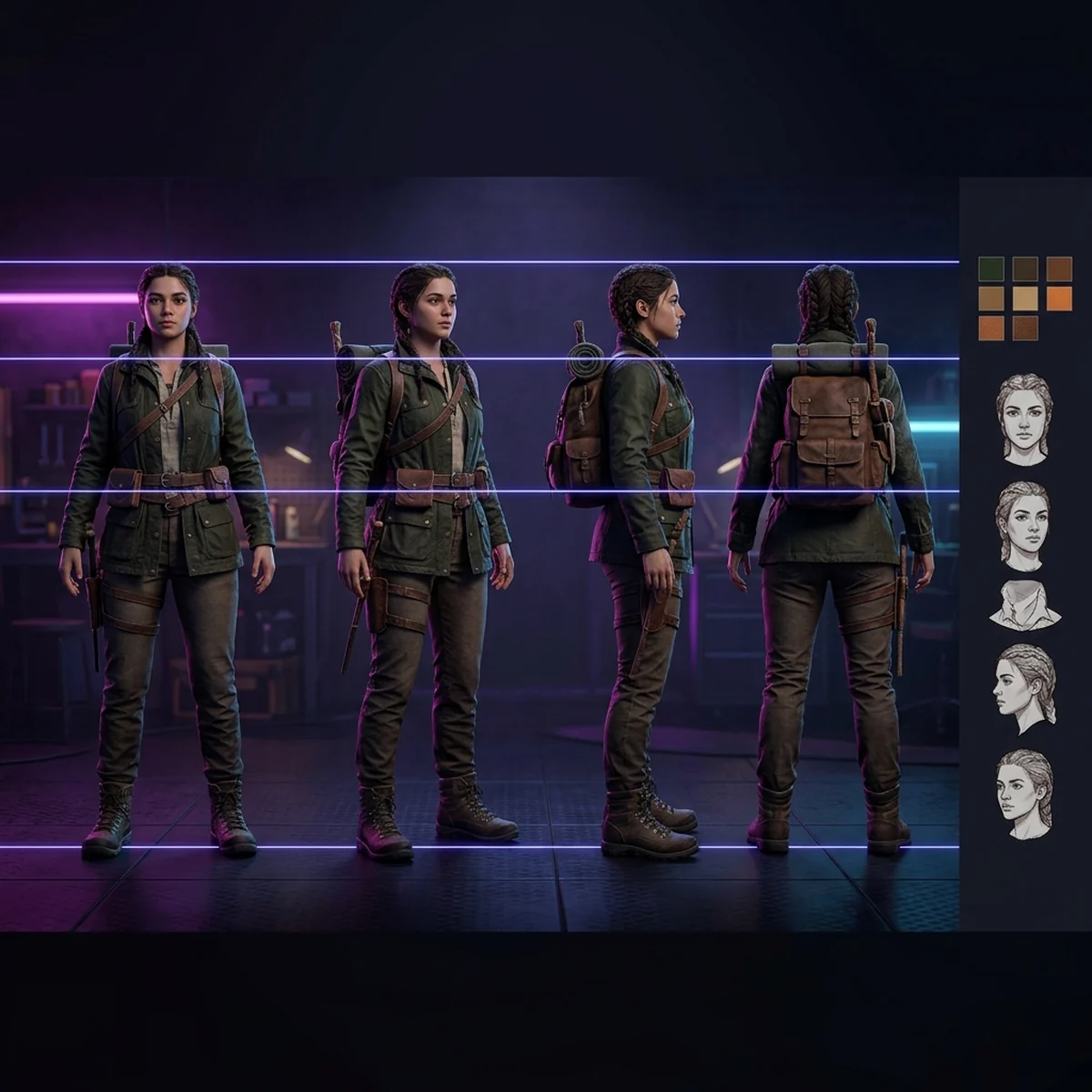 Folha de personagem com quatro vistas do mesmo herói alinhadas por linhas horizontais, paleta de cores e expressões ao lado