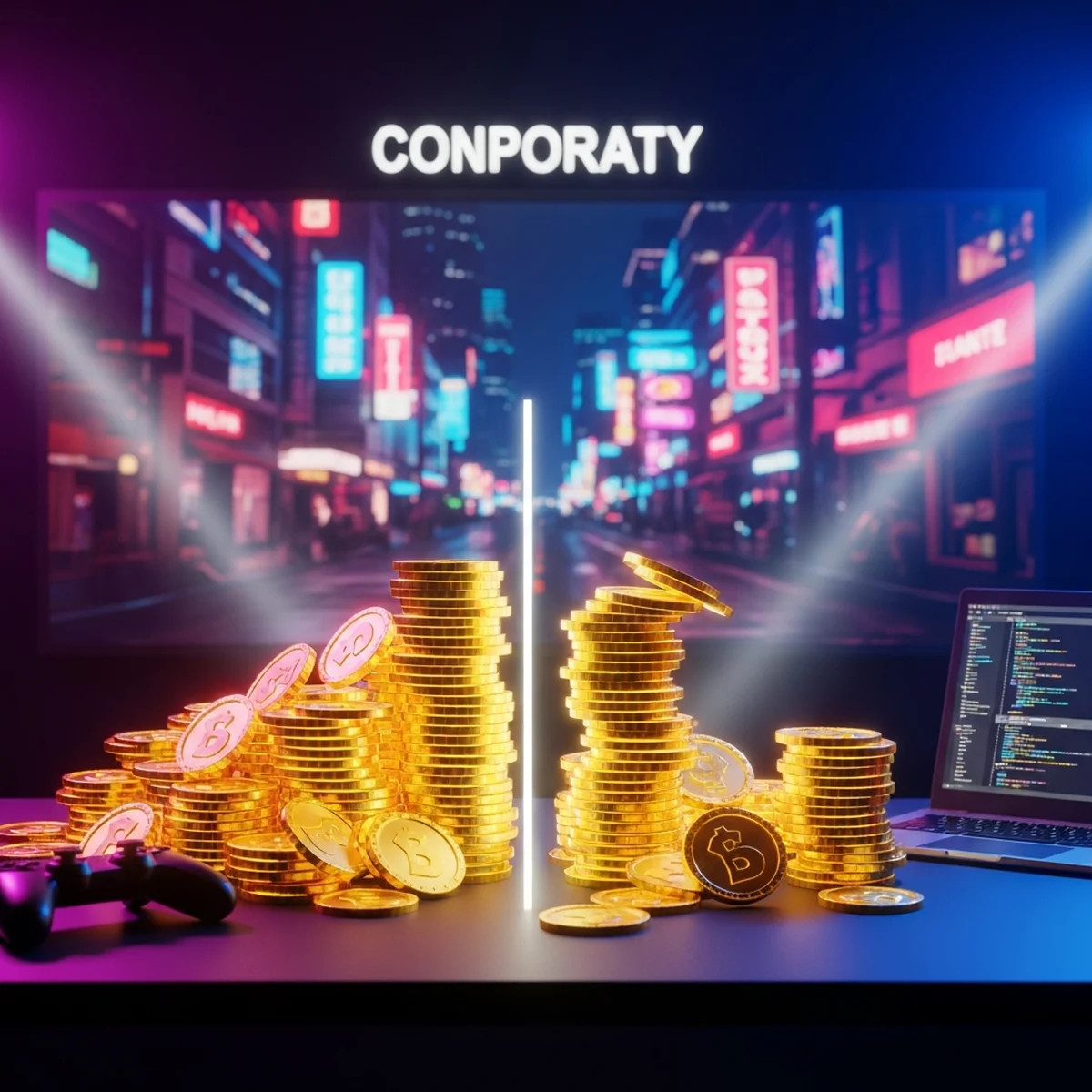 Ilustração de moedas, controle de videogame e vitrine digital representando monetização de jogos