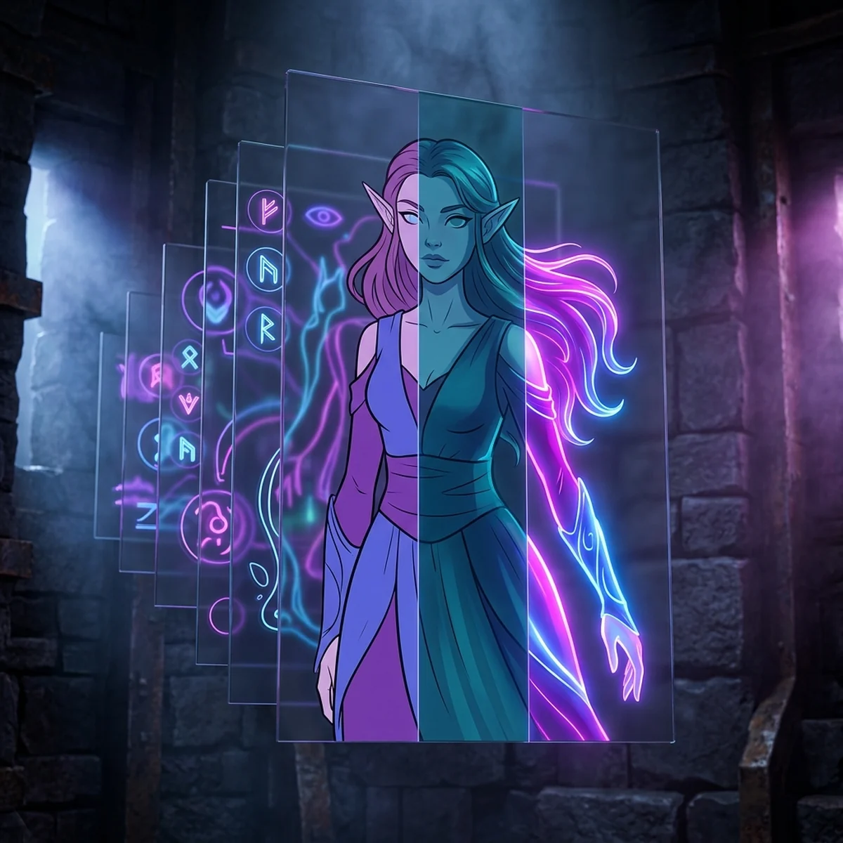 Personagem de jogo dividido em três faixas mostrando sombra em Multiply, luz em Overlay e brilho mágico em Addition