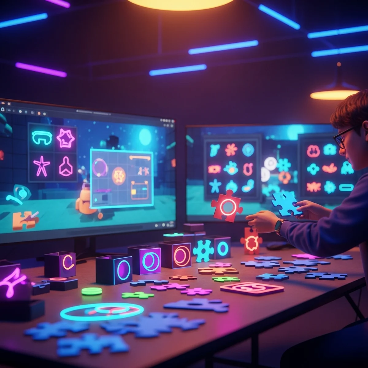 Oficina criativa com jogadores adicionando peças coloridas a um mundo de jogo indie, como um quebra-cabeça sendo montado em comunidade