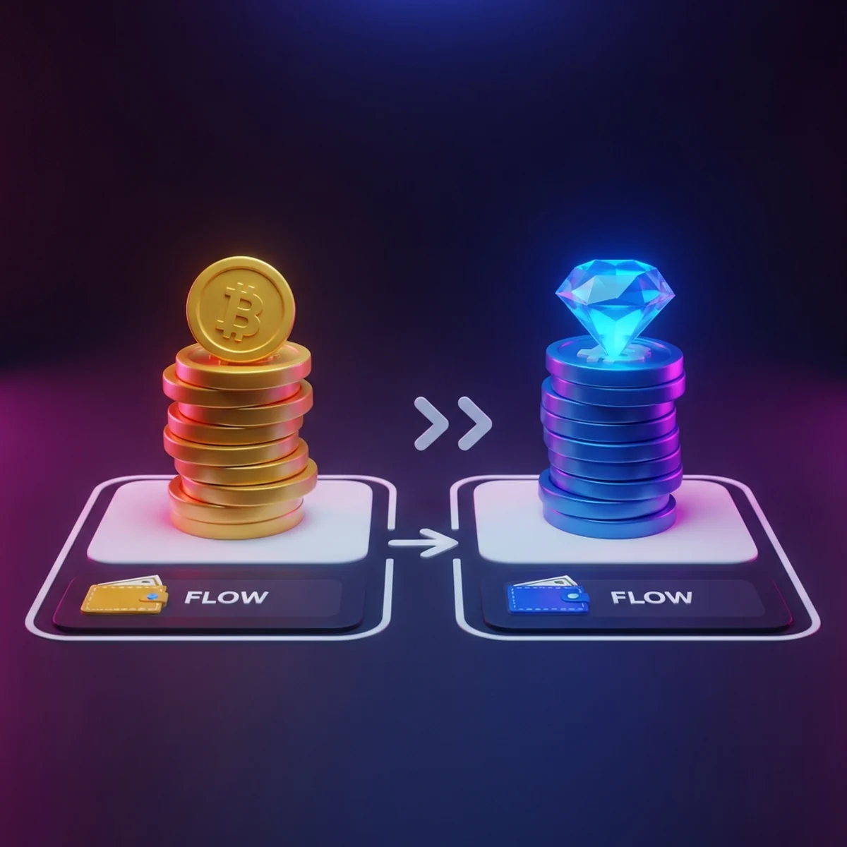Duas pilhas de moedas estilizadas, uma dourada e uma azul de gemas, sobre um painel de interface de jogo com setas de fluxo entre carteiras