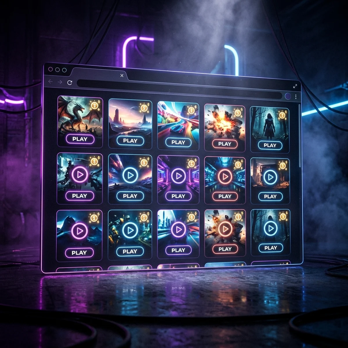 Janela de navegador exibindo um portal de jogos web com miniaturas e ícones de receita de anúncio