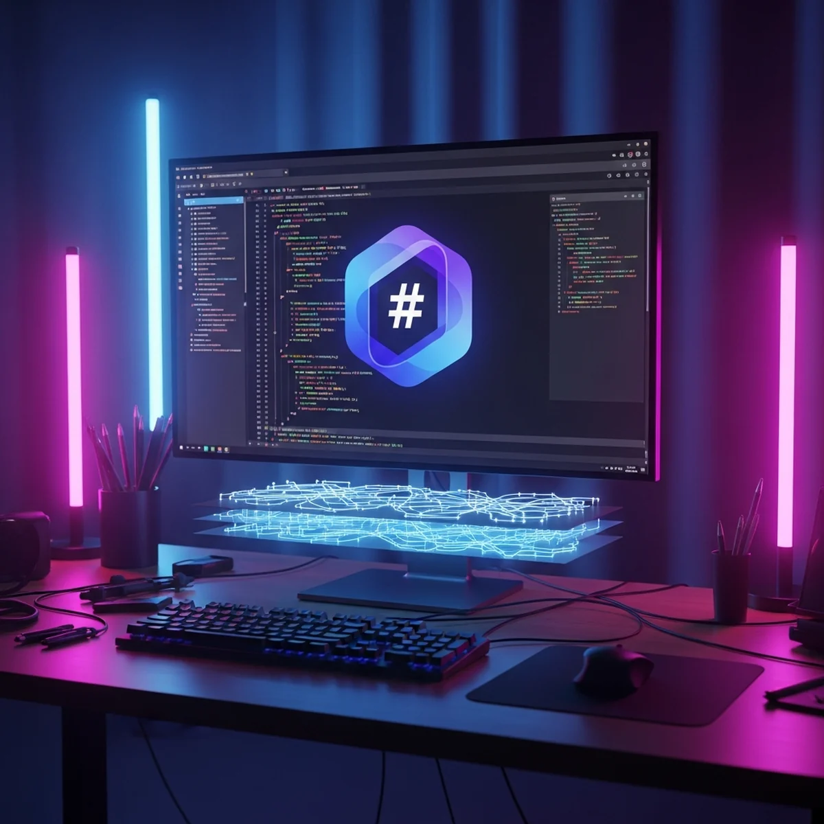 Programador escrevendo código C# num editor com um jogo 2D simples rodando ao lado, sem texto na imagem