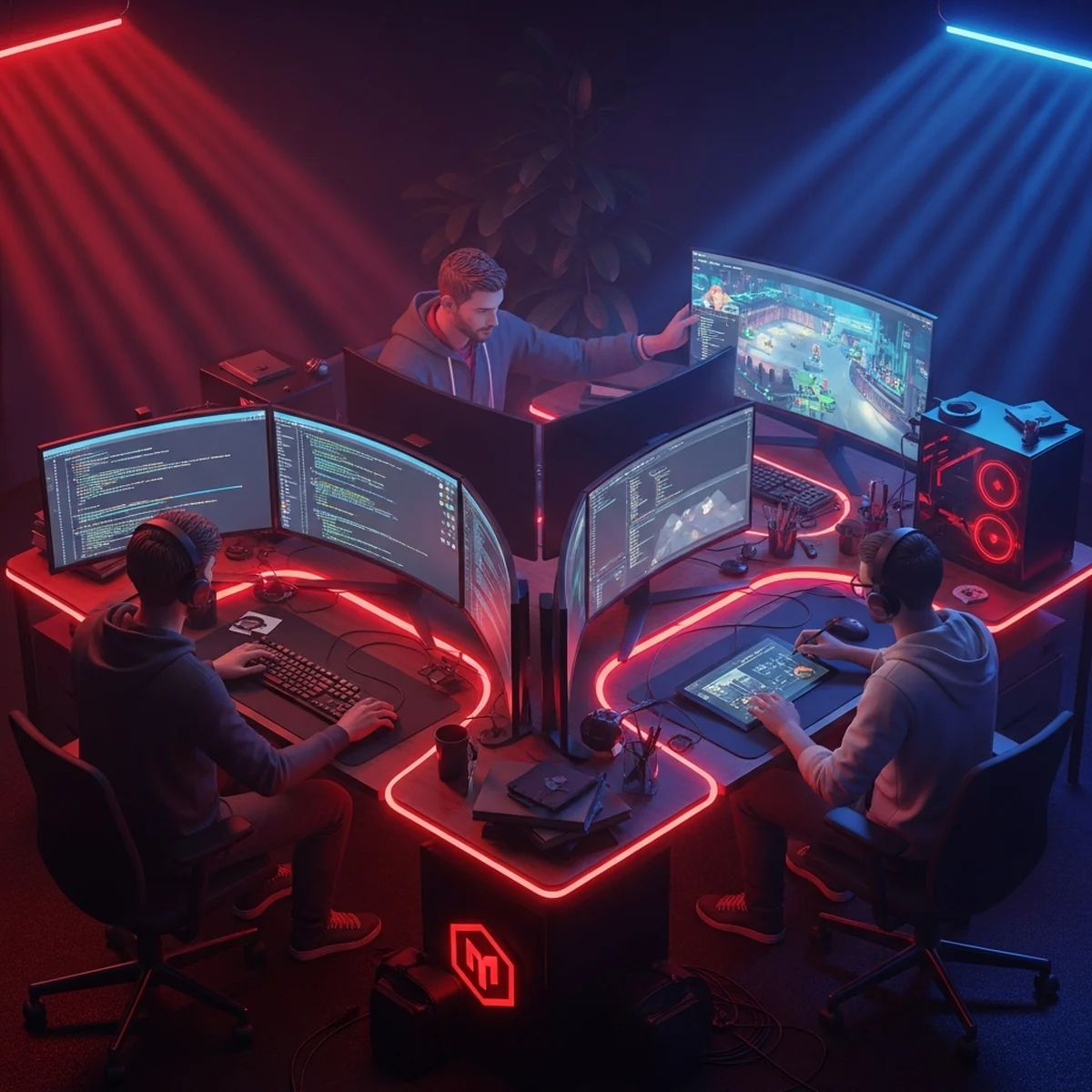 Pequena equipe de desenvolvimento de jogos reunida em volta de um board de tarefas, dividindo papéis de programação, arte, design e áudio