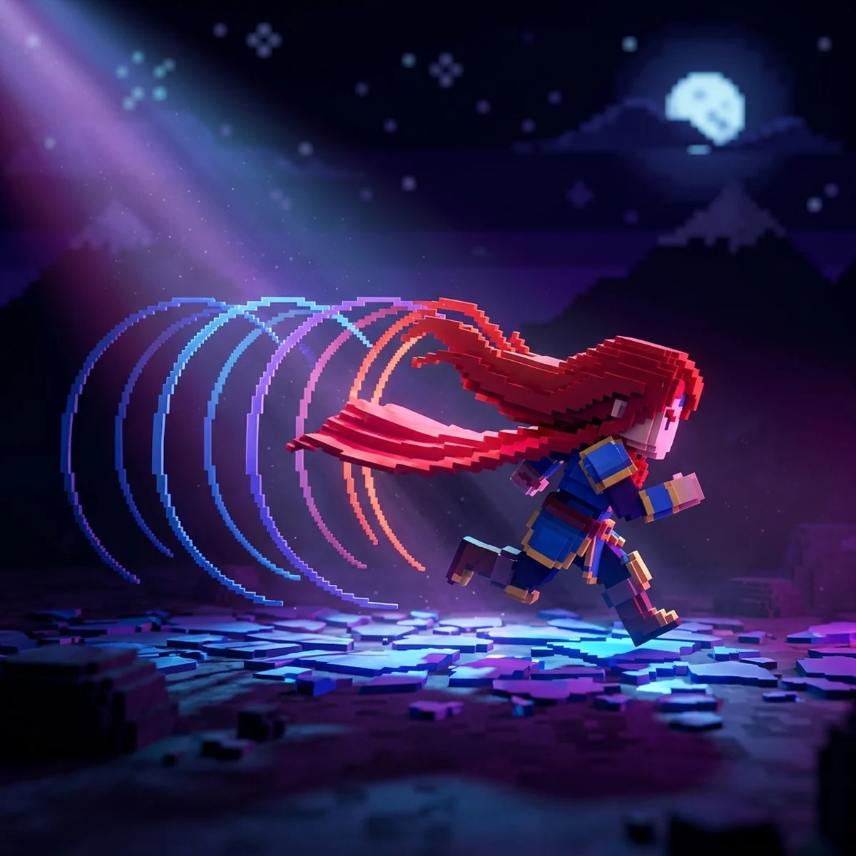 Personagem em pixel art correndo com cabelo comprido e capa vermelha ondulando atrás do corpo