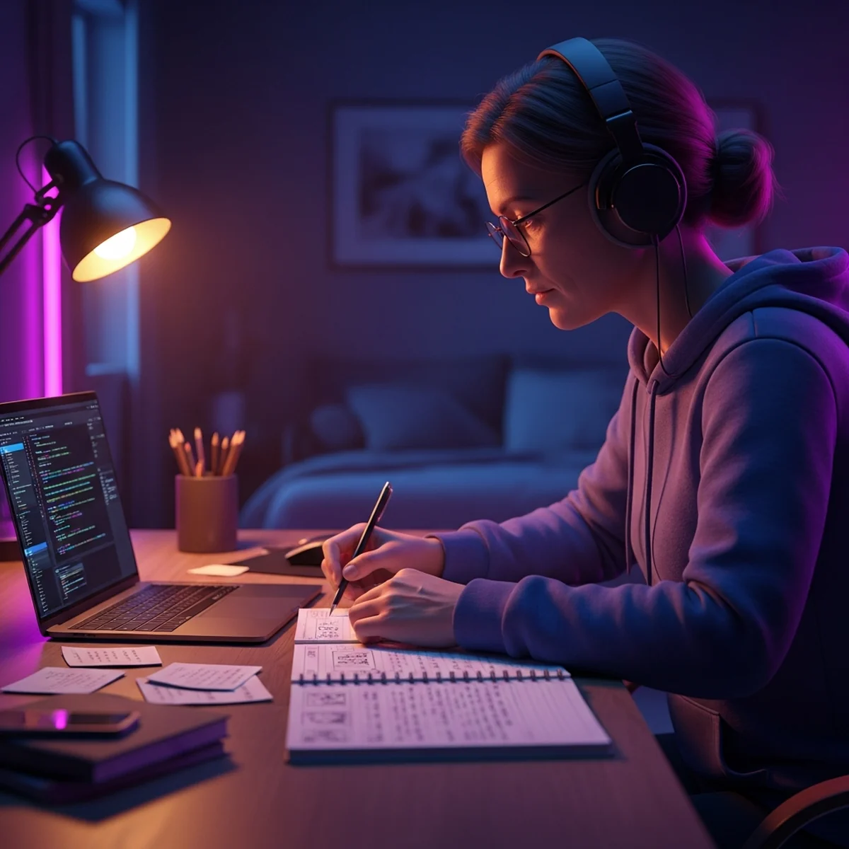 Pessoa adulta em uma mesa de escritório em casa à noite, com crachá de trabalho de lado e um computador aberto em uma engine de jogos
