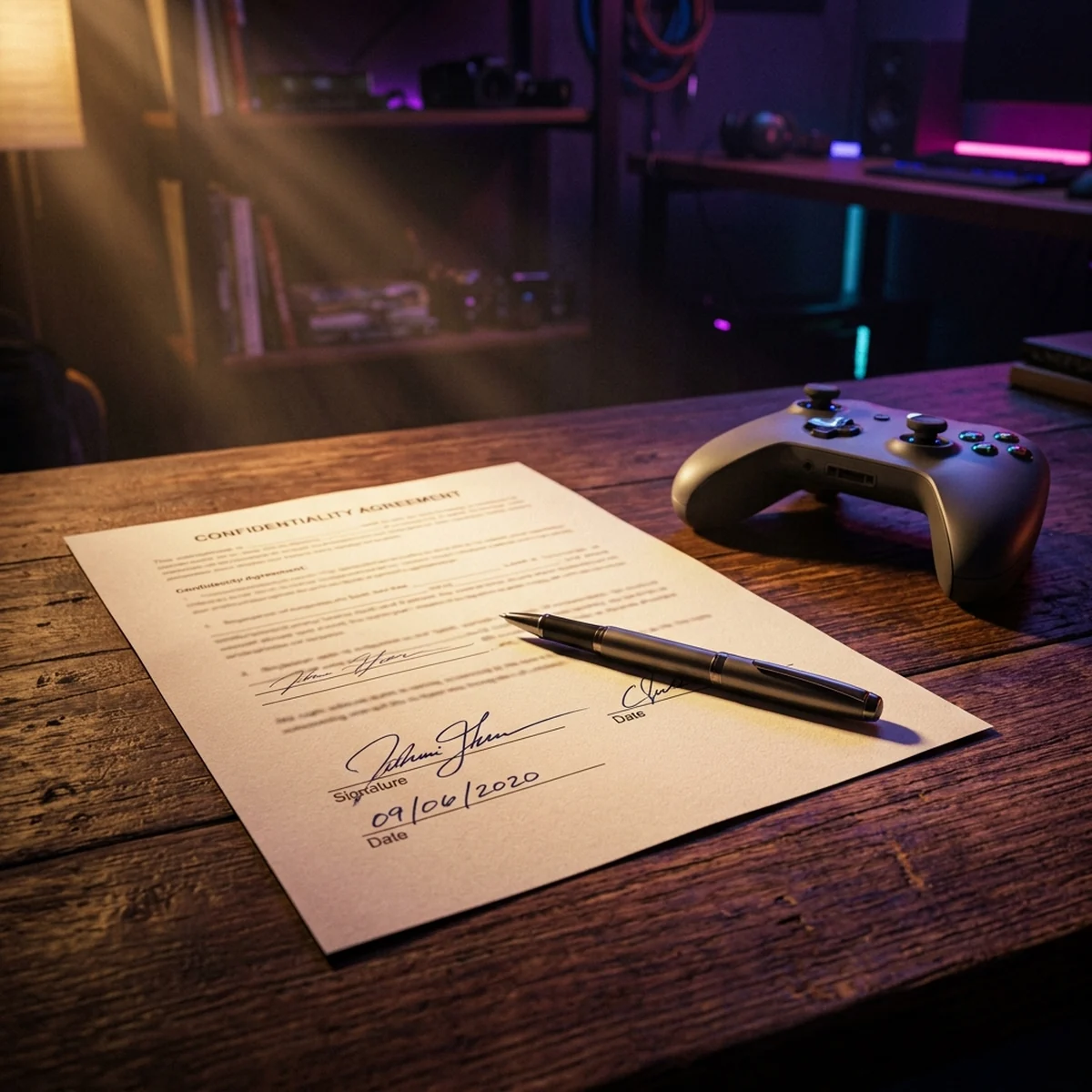 Mesa de trabalho de estudio indie com contrato impresso, caneta e um notebook mostrando codigo de jogo