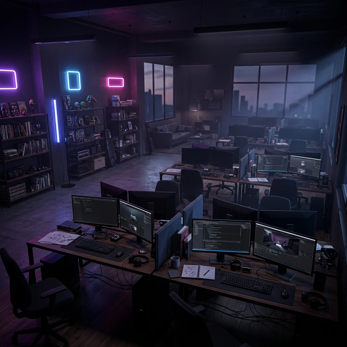 Estúdio de jogos indie em pausa, mesas vazias e cadeiras recolhidas, luz baixa, ambiente silencioso sem pessoas