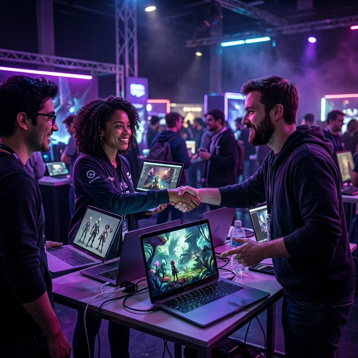 Desenvolvedores de jogos conversando e trocando contatos em um evento da indústria