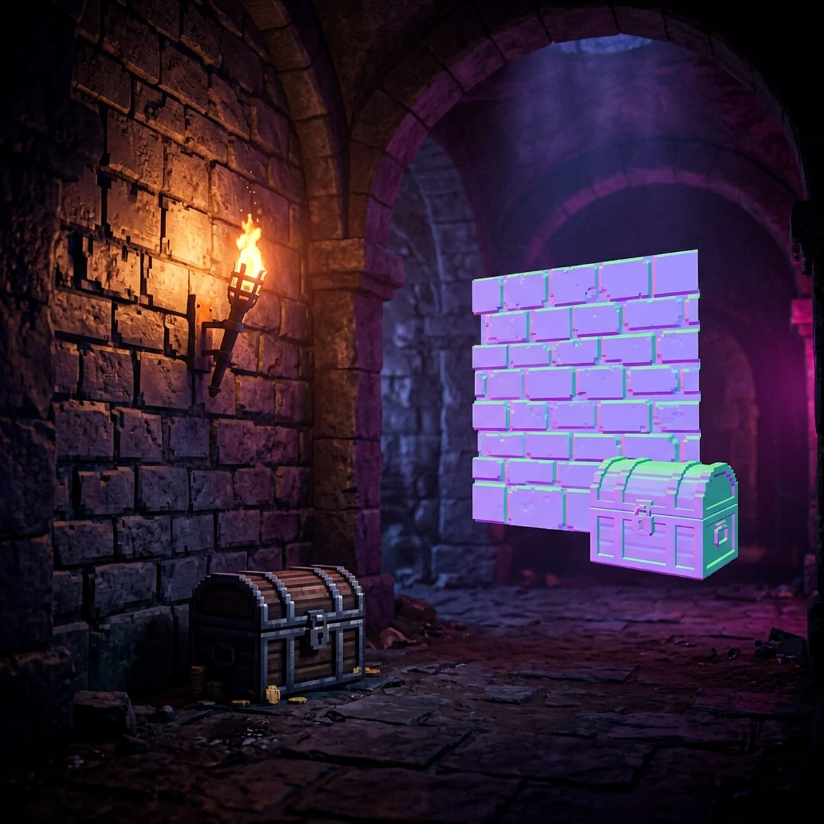 Sprite de pedra em pixel art ao lado do seu normal map em tons de lilás e verde, iluminado por uma tocha laranja