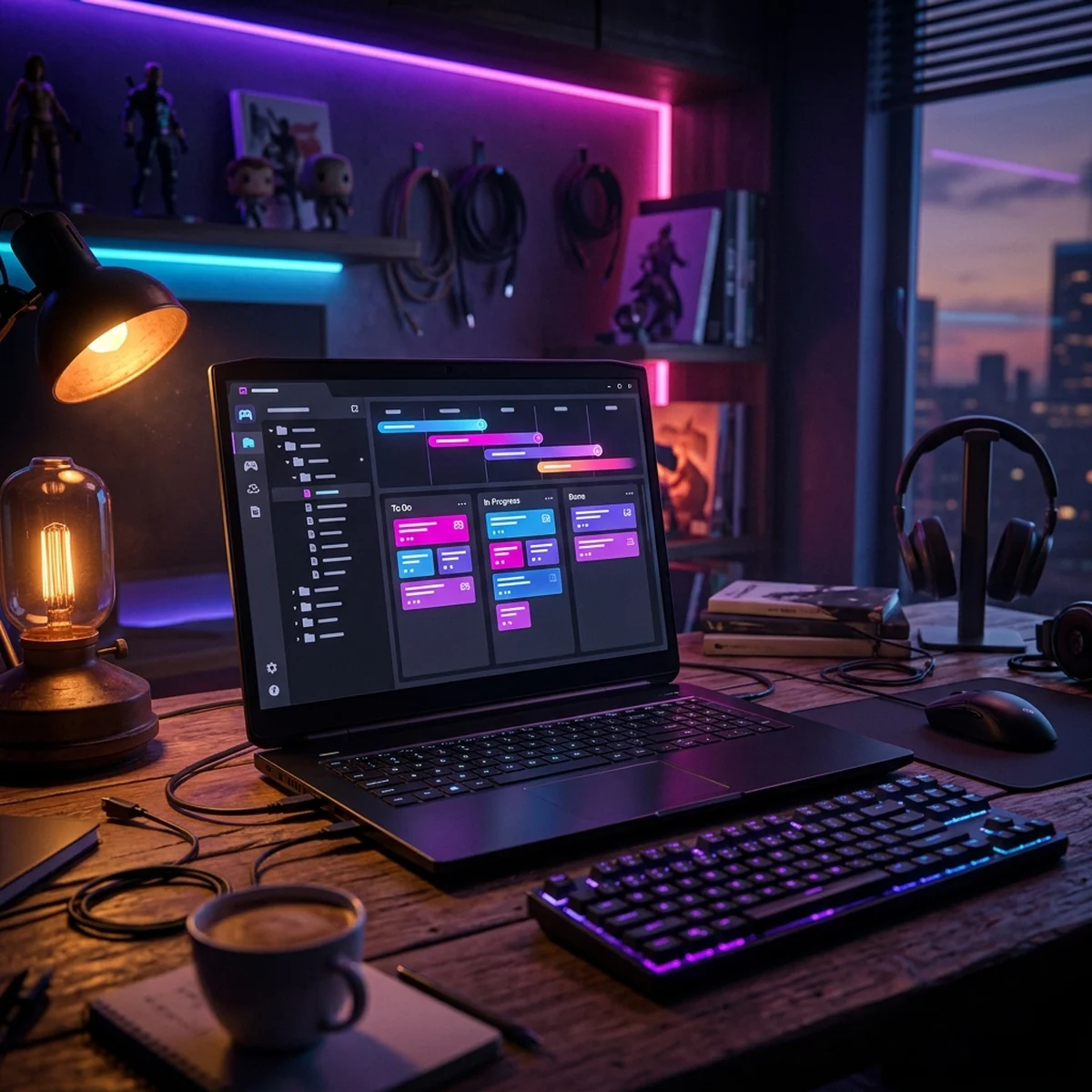 Tela de um workspace do Notion com um banco de dados de tarefas, uma página de documento e colunas de status, sem texto legível