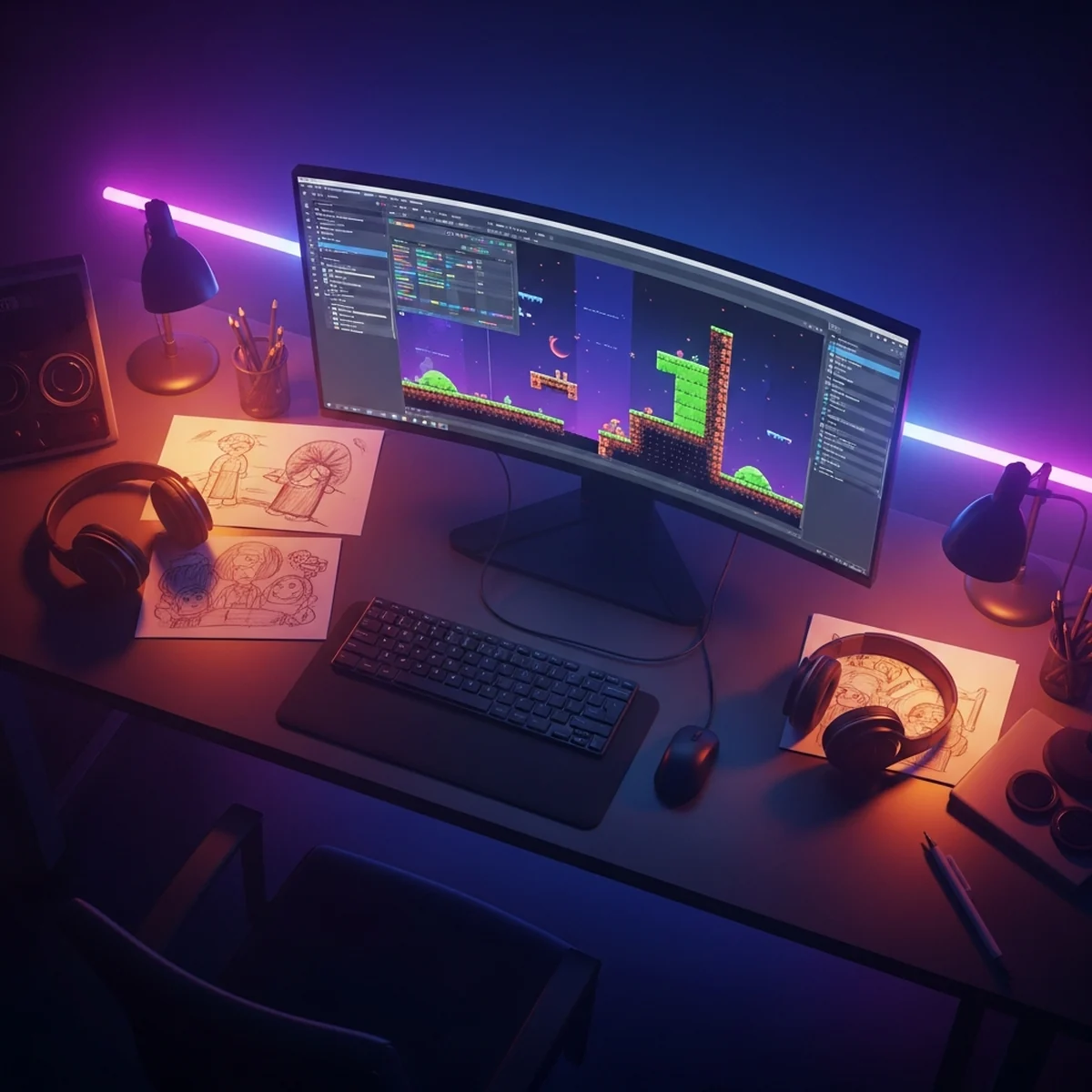 Mesa de trabalho de um desenvolvedor de jogos com monitor exibindo o editor de fases de um jogo de plataforma 2D colorido