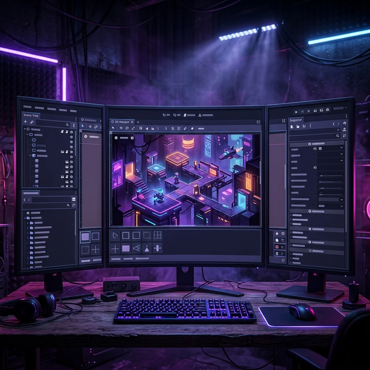 Tela do editor da Godot aberta com o painel de cena e um viewport de jogo
