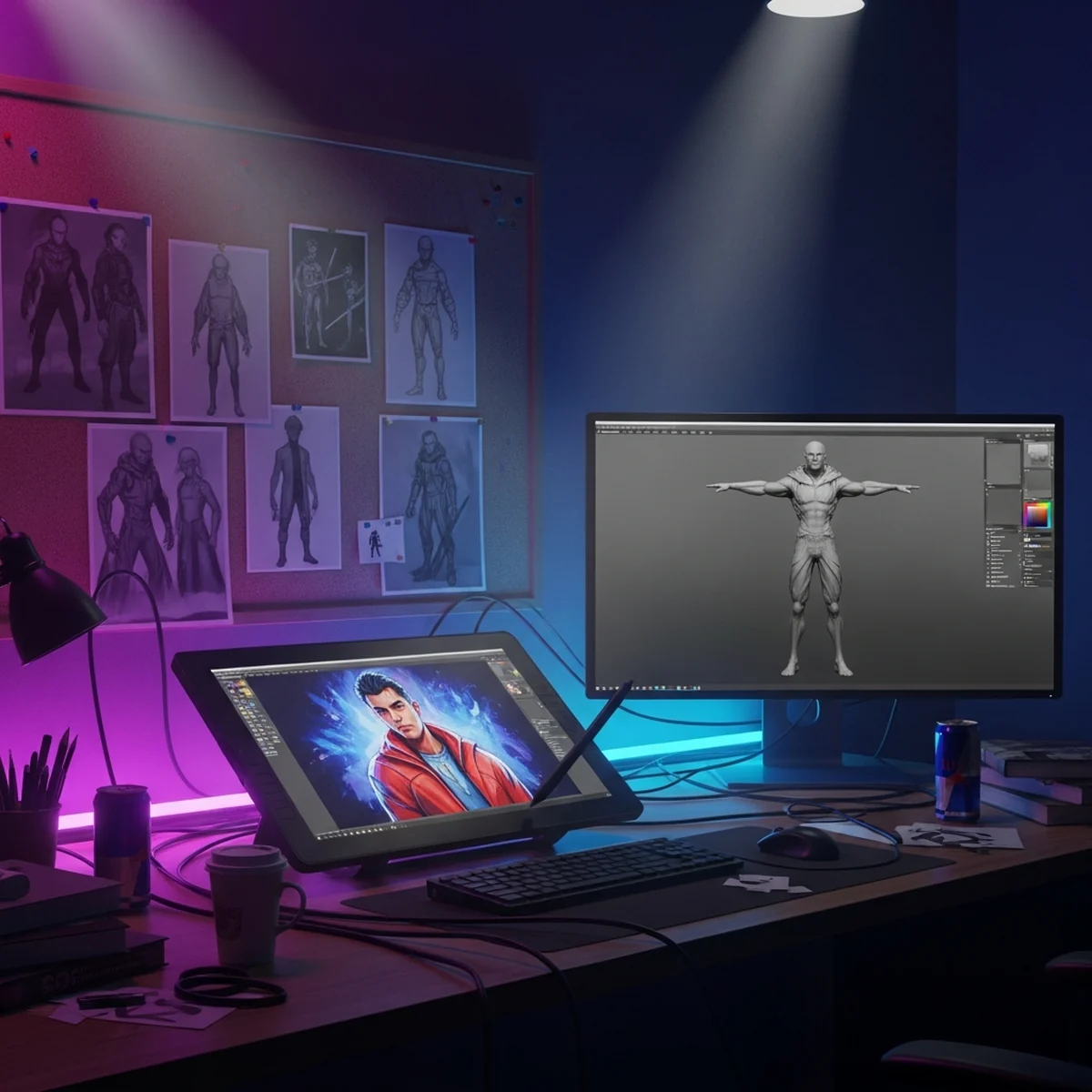Artista de jogos trabalhando em uma mesa digitalizadora com um personagem 3D na tela e estudos de concept art colados na parede do estúdio