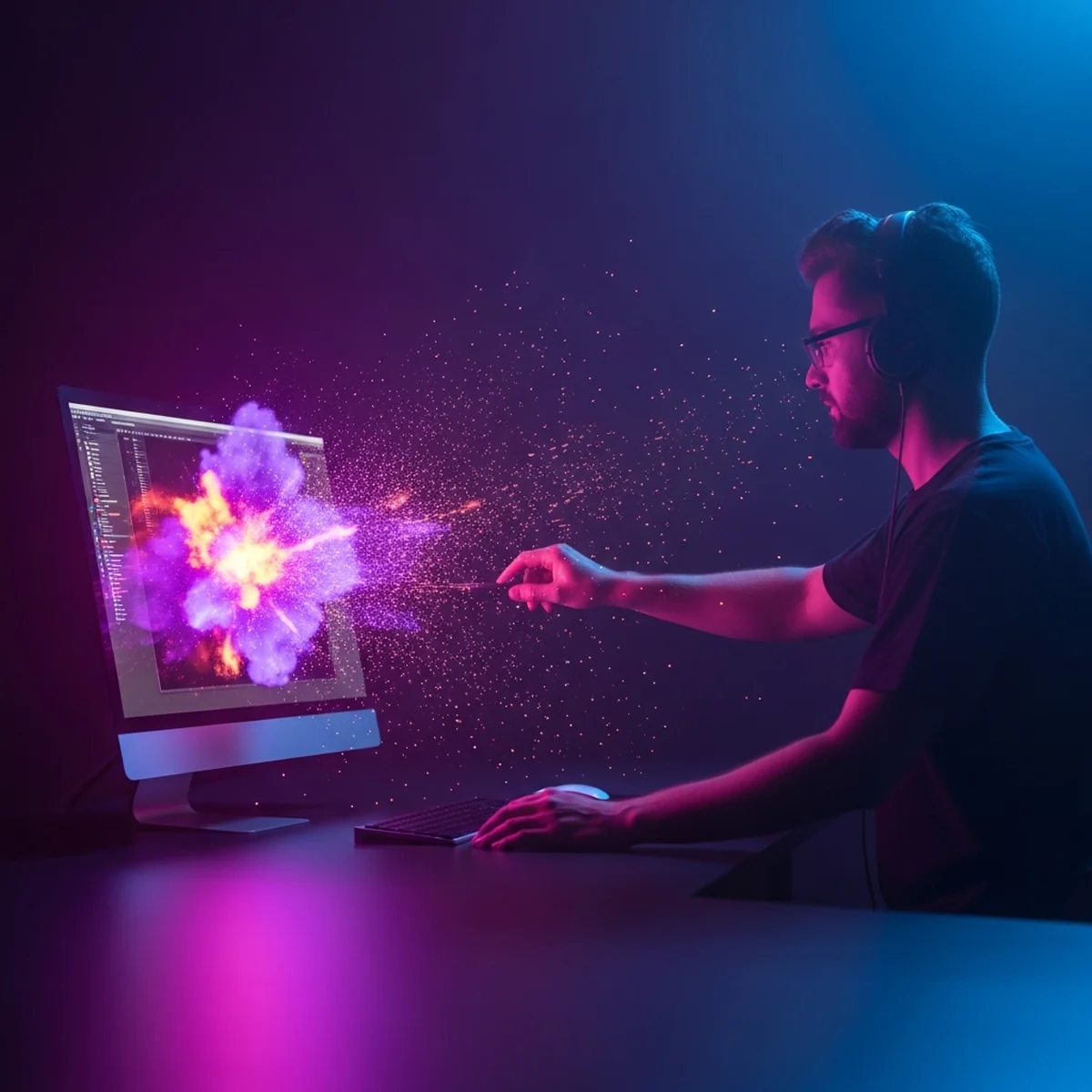 Artista de VFX ajustando uma explosão de partículas coloridas na tela do computador em um estúdio de desenvolvimento de jogos