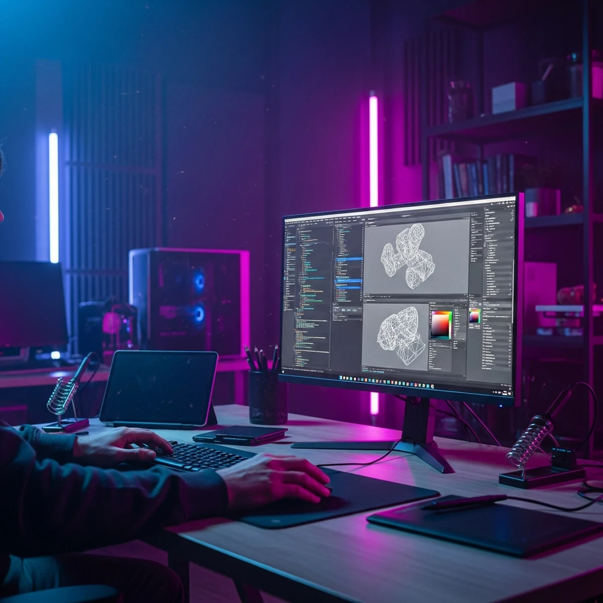 Estação de trabalho com um personagem 3D à esquerda e um grafo de nós de shader à direita, conectados por linhas de luz