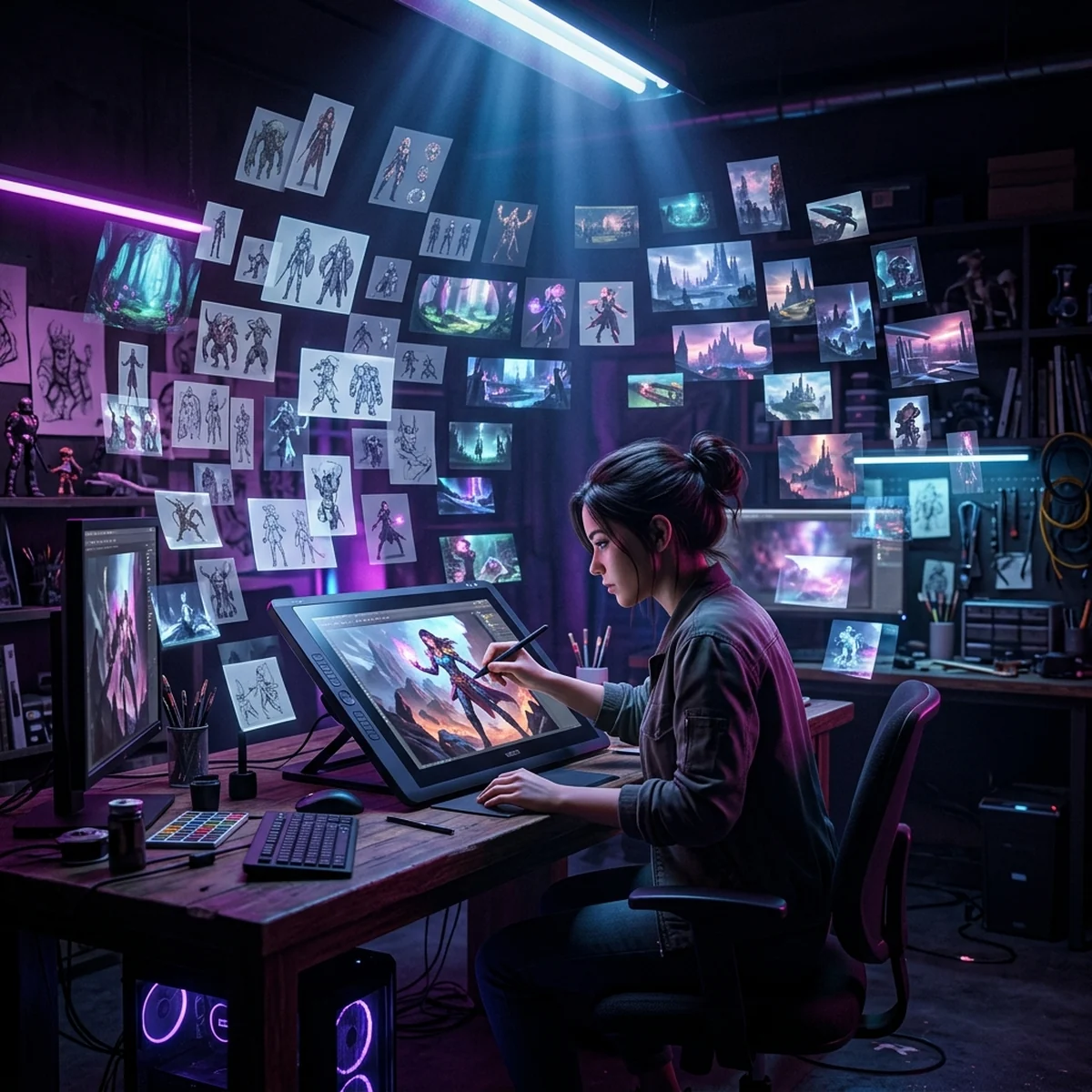 Concept artist trabalhando em uma mesa digitalizadora com dezenas de thumbnails de personagens na tela e referências visuais espalhadas pelo monitor secundário