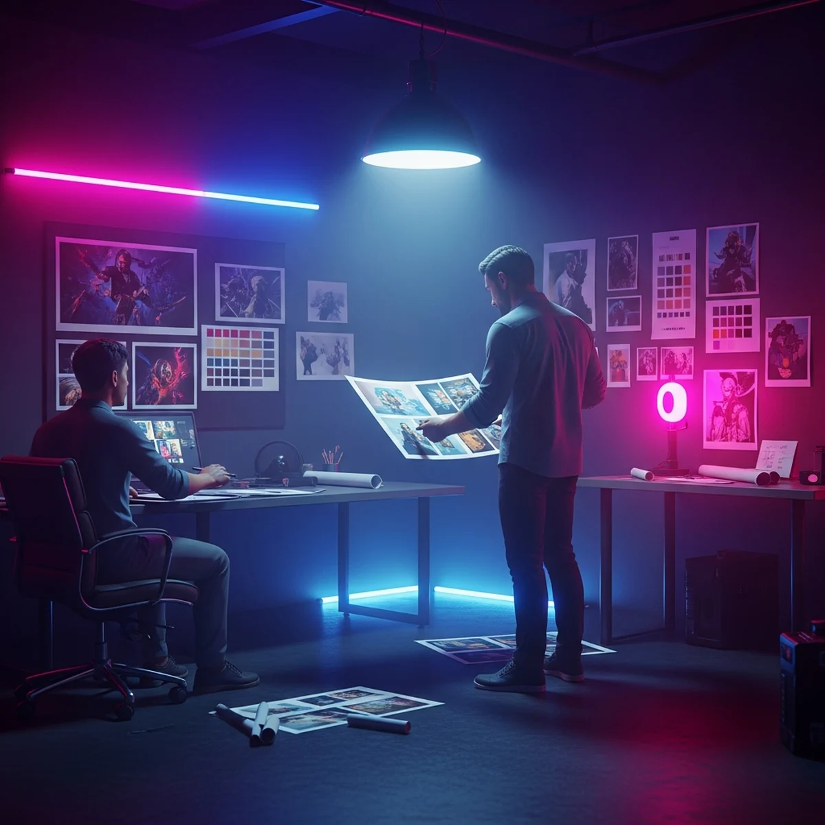 Diretor de arte revisando pranchas de concept art em um estúdio de jogos, com folhas de style guide e paletas de cores fixadas na parede atrás do time