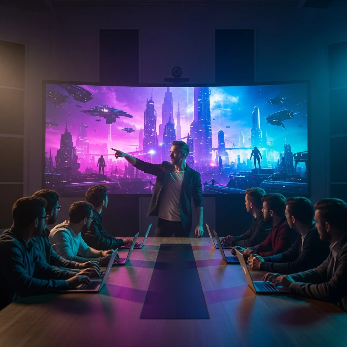 Diretor de jogos apontando para um quadro coberto de concept arts e diagramas enquanto conversa com o time reunido ao redor da mesa do estúdio