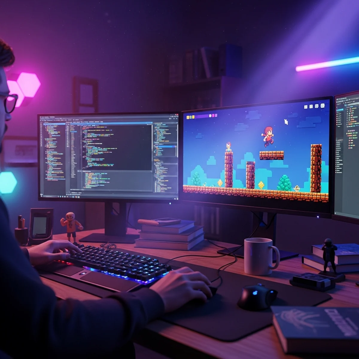 Programador de jogos em uma mesa de estúdio com dois monitores, um exibindo código e o outro um jogo de plataforma rodando em teste, com caderno de anotações e fone ao lado