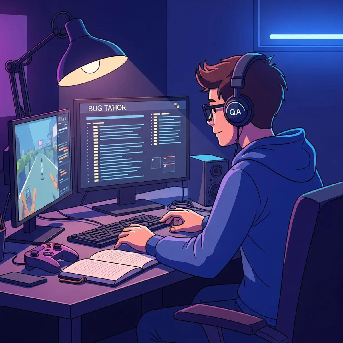 Testador de jogos analisando uma tela de jogo com anotacoes de bugs ao lado