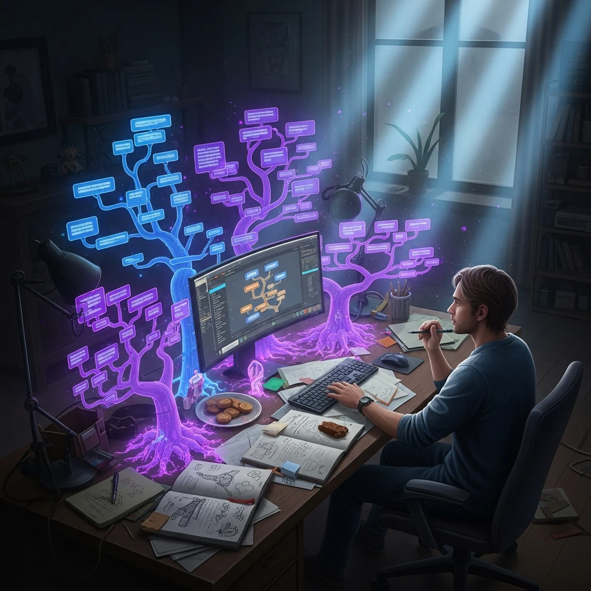 Escritora em frente a dois monitores, um com árvore de diálogo ramificada e outro com cena de jogo, anotações de lore espalhadas pela mesa