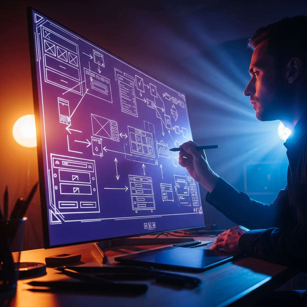 Pessoa analisando wireframes de menus e HUD de um jogo colados em um quadro, com notas adesivas e um mapa de fluxo do jogador ao lado