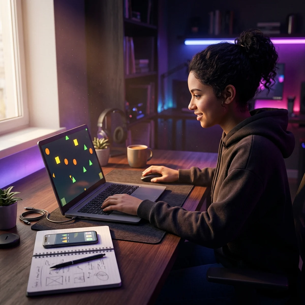 Iniciante numa mesa com notebook modesto e um primeiro projeto de jogo na tela